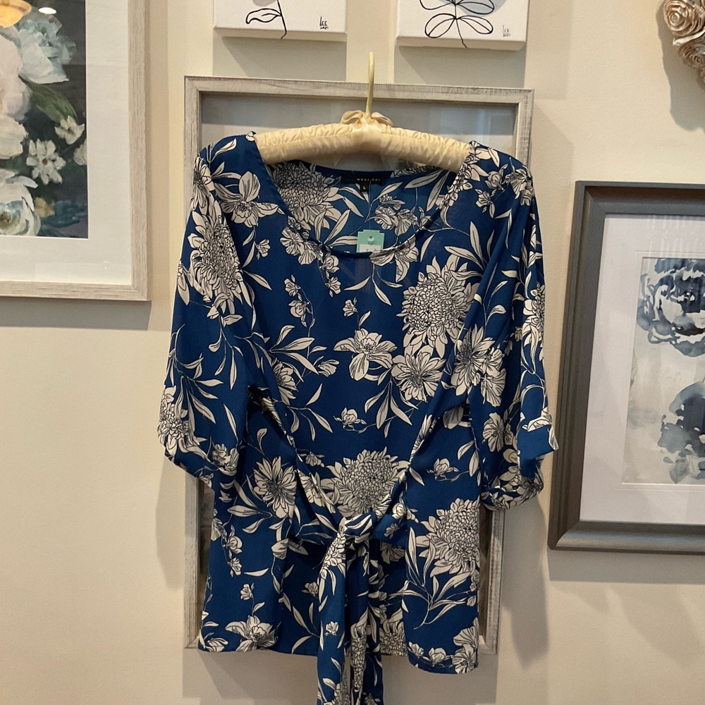 West Kei brand cobalt blue blouse, Size L, new with tag, ties in front or back